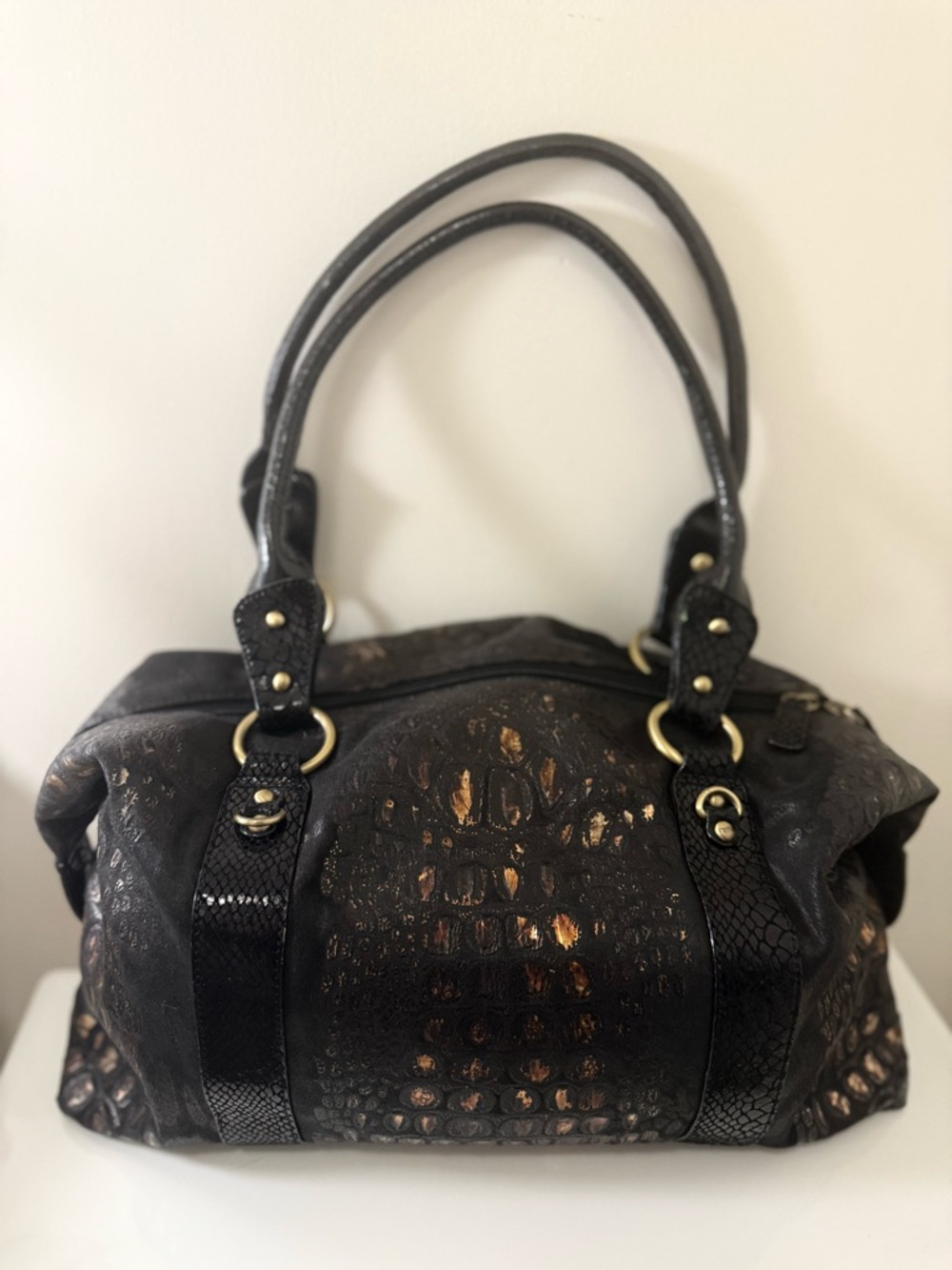 Original By Sharif 1827 Black and Bronze Metallic Embossed Shoulder Bag